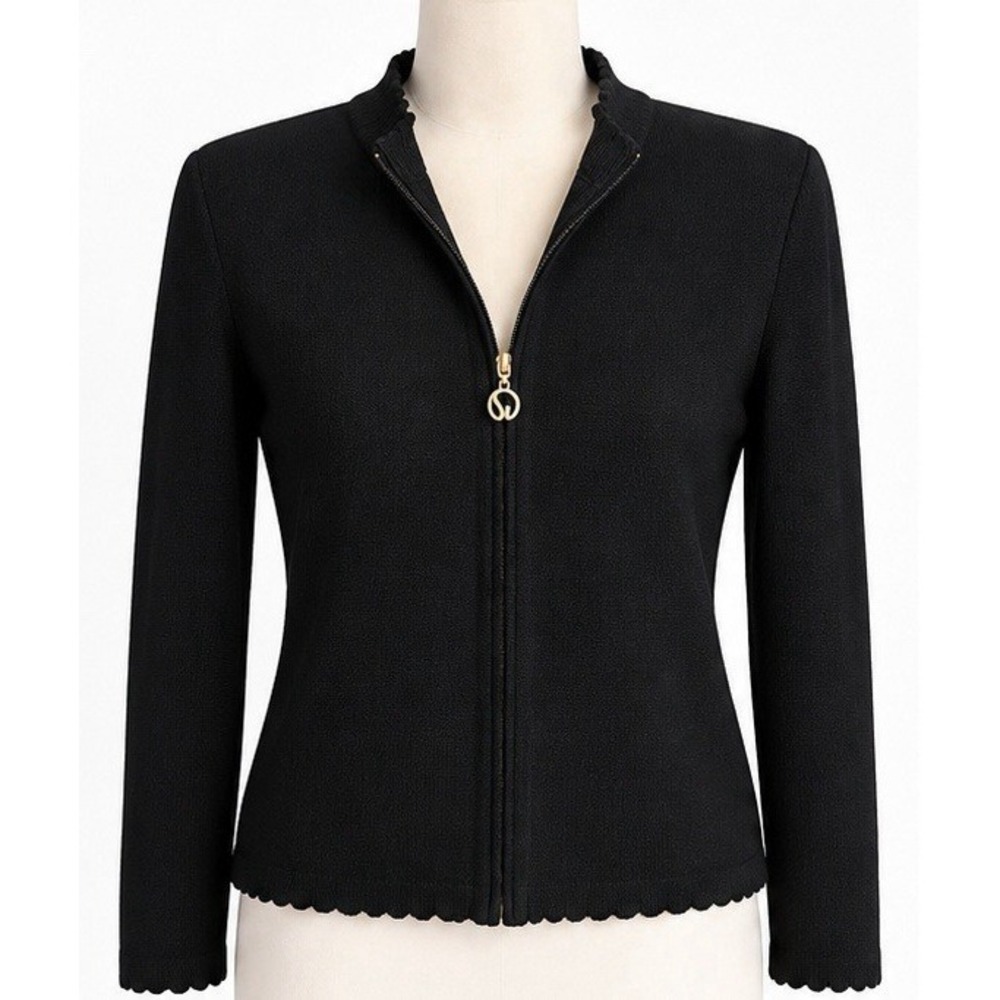 St. John Basics Santana Knit Black Zip Jacket Scallop Trim Gold Logo Size 2